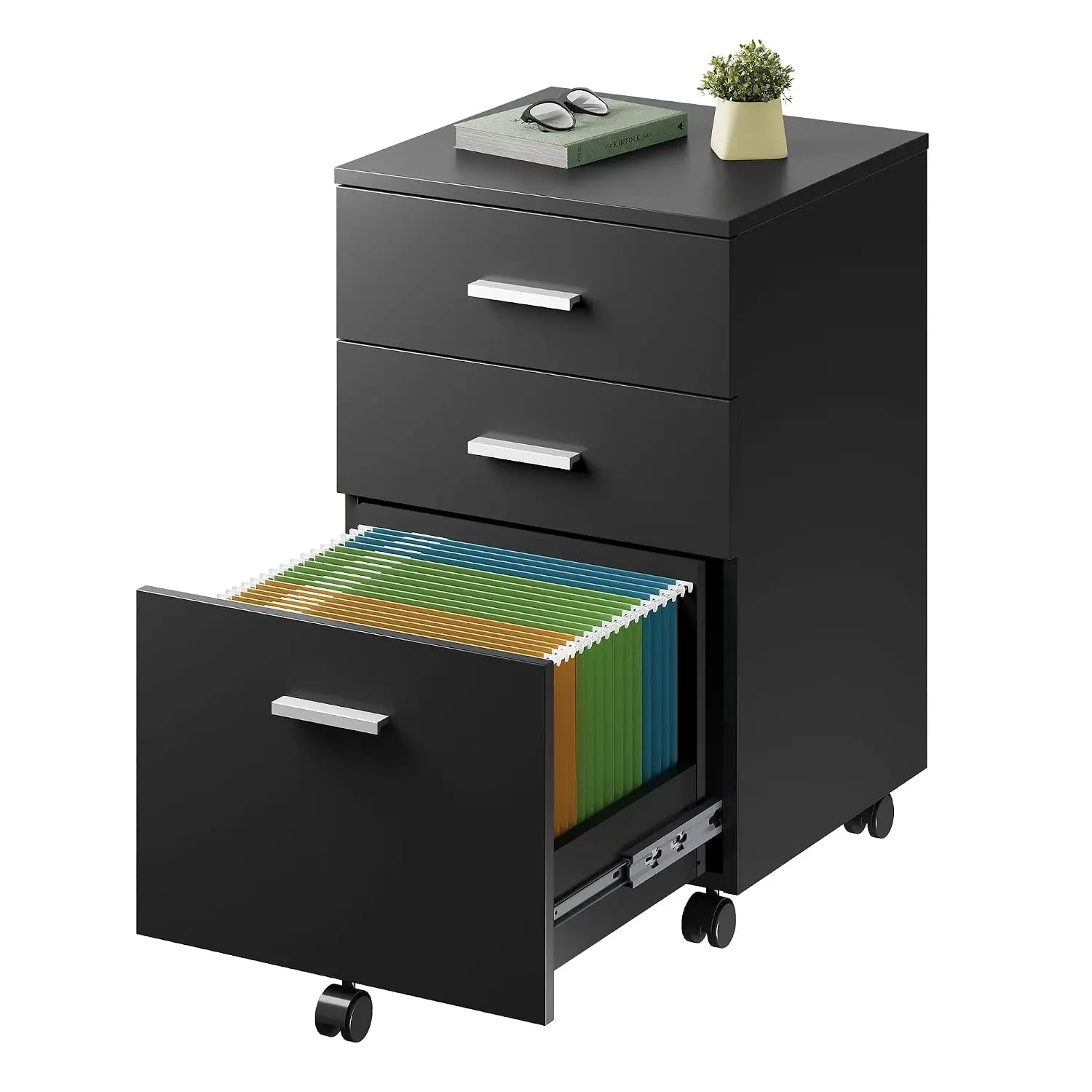 3 Drawer Wood File Cabinet, Under Desk Filing Cabinet, Black