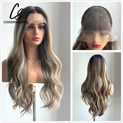 CharmSource 13x6 Lace Wig Long Wavy Brown Highlight Wigs with Dark Root for Women Daily Party Cosplay Wedding High Density