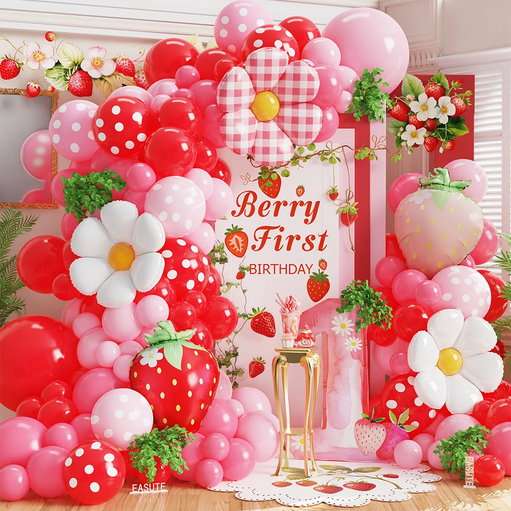 

95pcs Strawberry Shortcake Balloon Garland Kit Red Pink Polka Dot Daisy Foil Ball Baby Shower Berry First Birthday Party Decor