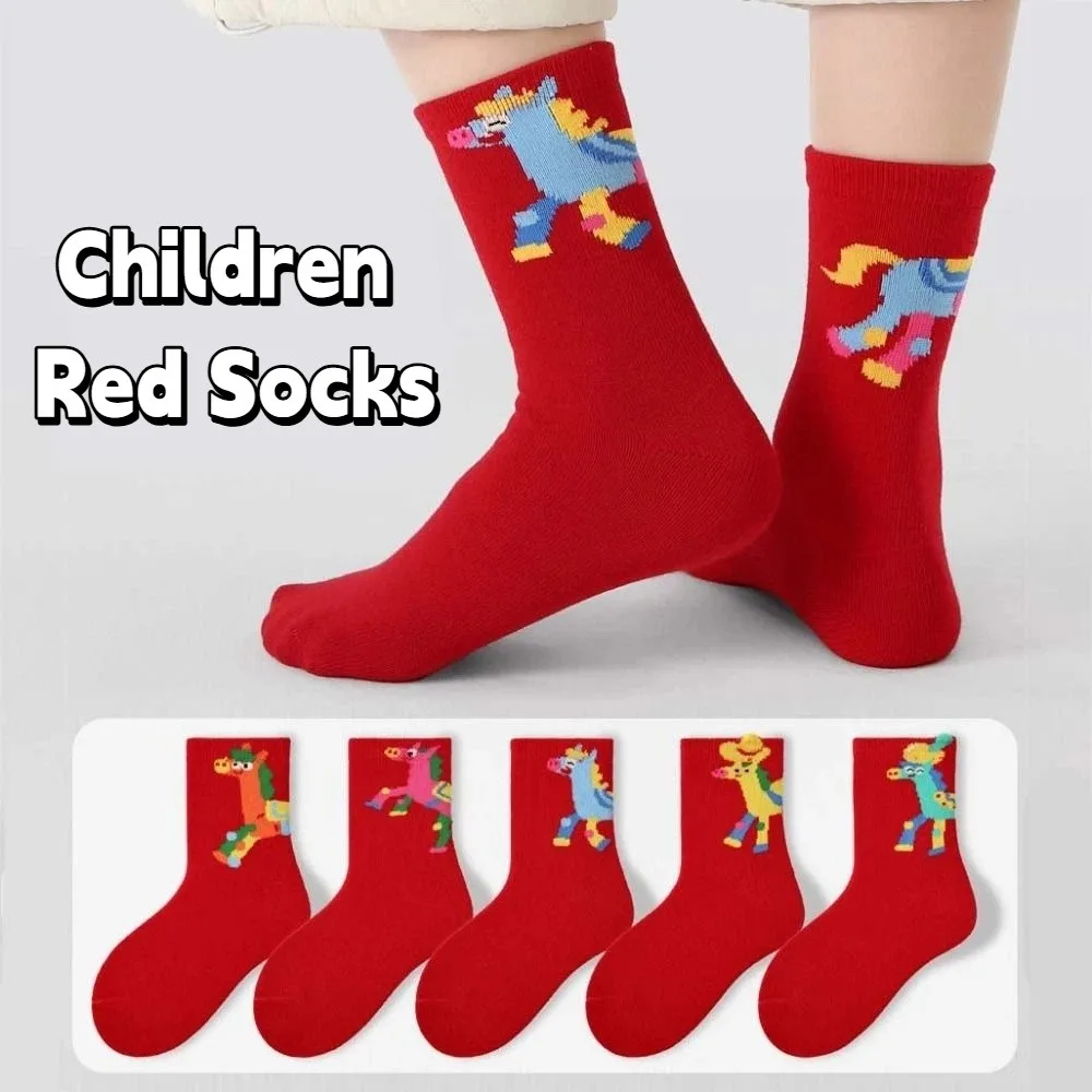 Breathable Chinese Style New Year Socks Cartoon Funny Children Red Socks Good Luck Horse Year Red Socks Gifts