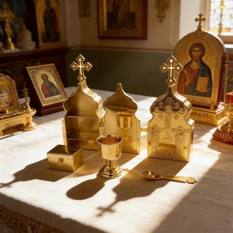 Gold Plated Orthodox Holy Communion Tabernacle Set with Red Enamel Crucifix Icons for Church Liturgy Home Altar Devotion Gift