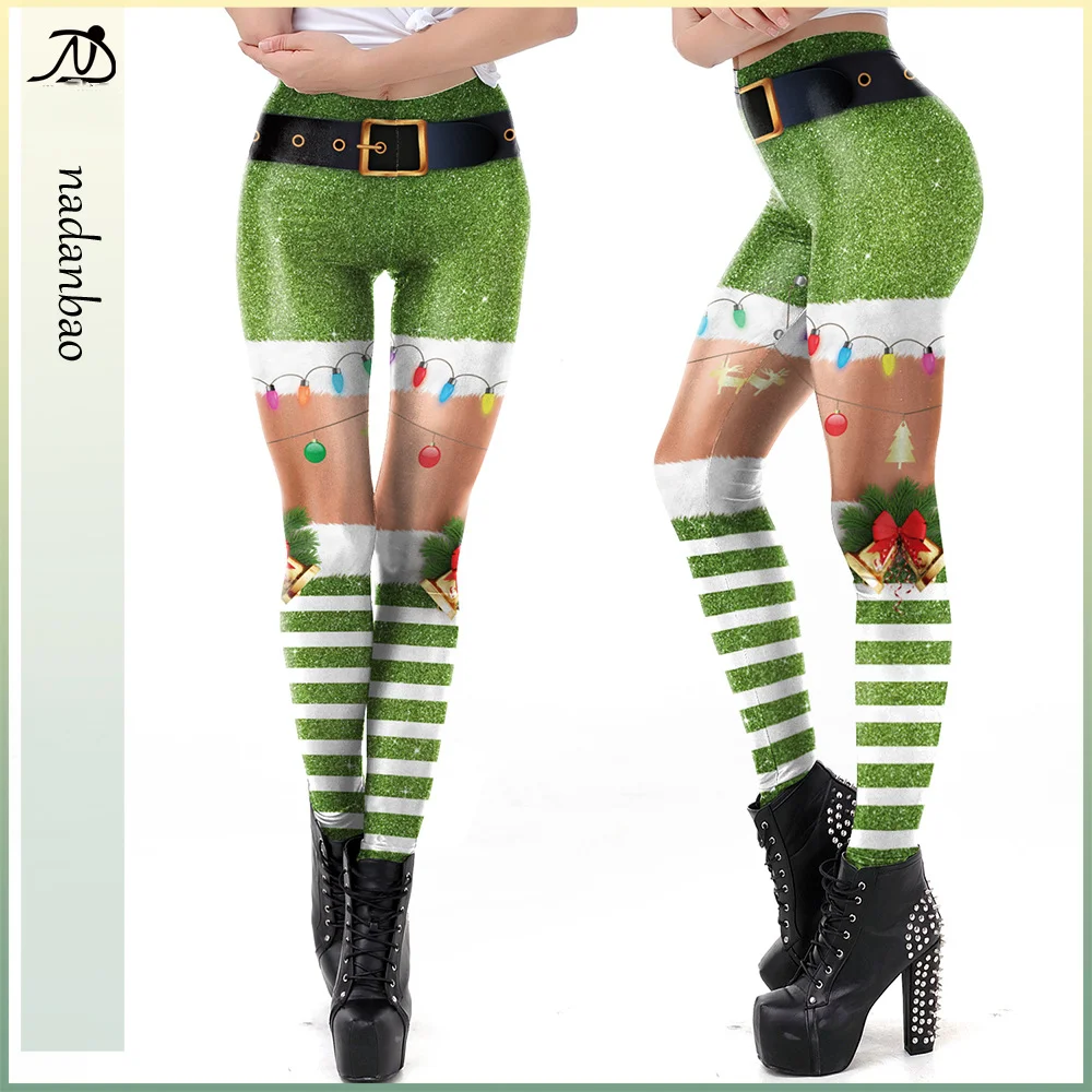 Nadanbao Green Streak Printing Leggings Women Fashion Christmas Holiday Party Pants Female Funny Elastic Tights Trousers