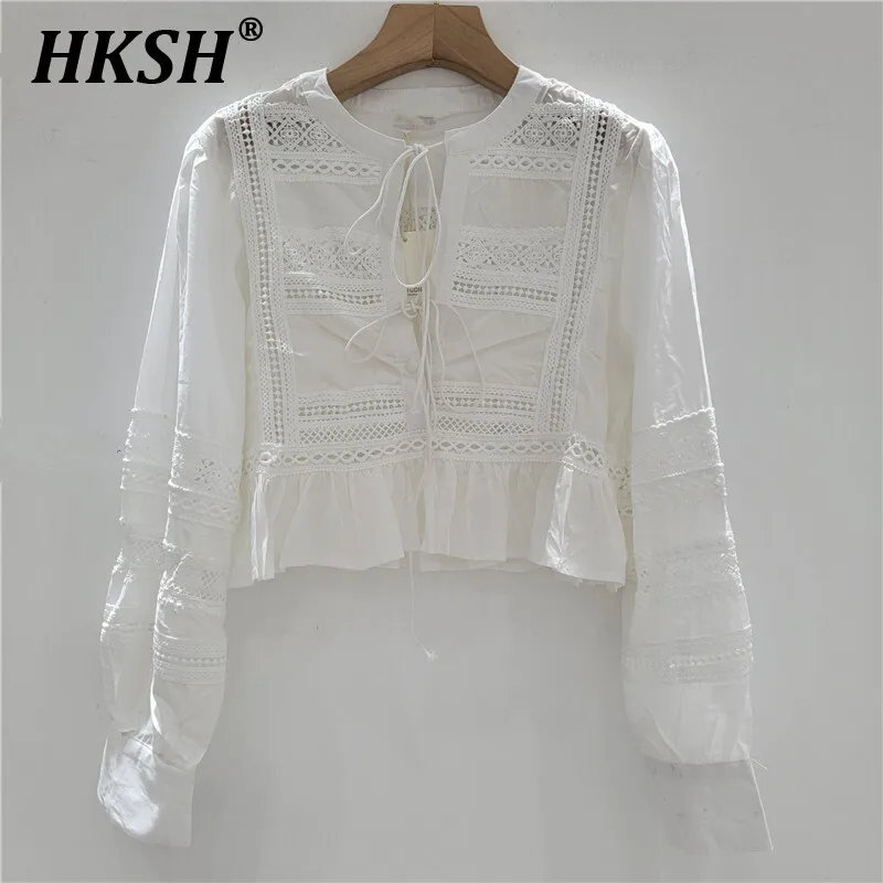 

HKSH Spring Summer New Women Chic Trendy High Street Sweet Casual Fashion Lace Splicing Hollow Long Lantern Sleeve Shirts HK5352
