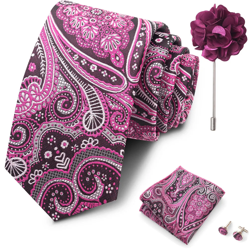 Großhandel Mode 8 cm Krawatte Taschentuch Manschettenknopf Pin Set Männer Krawatte Lila Paisley Anzug Zubehör Fit Hochzeit Geburtstag Geschenk – Detail 11