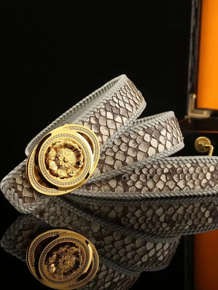 Business Men Casual Smooth Buckle Versatile Genuine Leather Snakeskin Belt High Quality Handmade Fashion Waistband For Pants