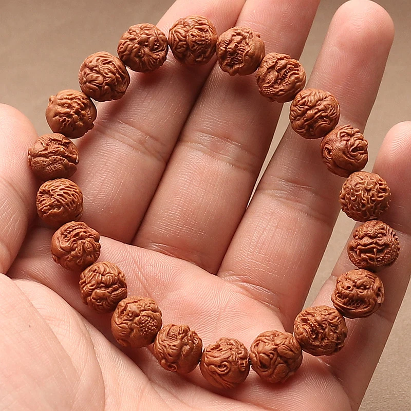 Natural Pattern Peach Stone Single-Row Buddha Bead Bracelet Zodiac Signs And Evil Monk Motifs, Develops Patina With