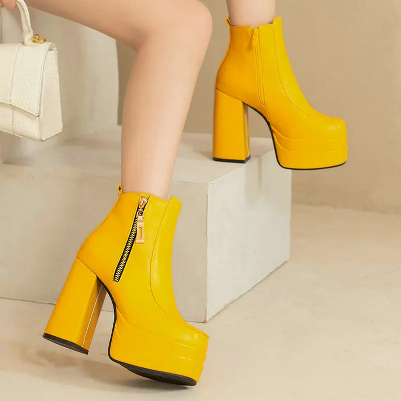 Plus Size 46 Women Ankle Boots Platform Square High Heel Ladies Short Boots PU Leather Zipper Dress Women\'s Boots Red Yellow