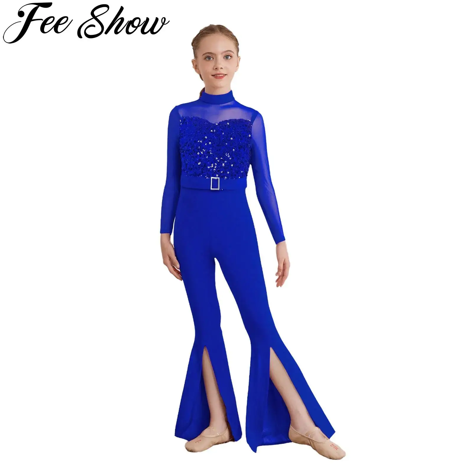 

Girls Latin Jazz Dance Bodysuit Sheer Mesh Long Sleeve Sequins Bell-Bottom Jumpsuit Ballroom Tango Cha-cha Performance Costume
