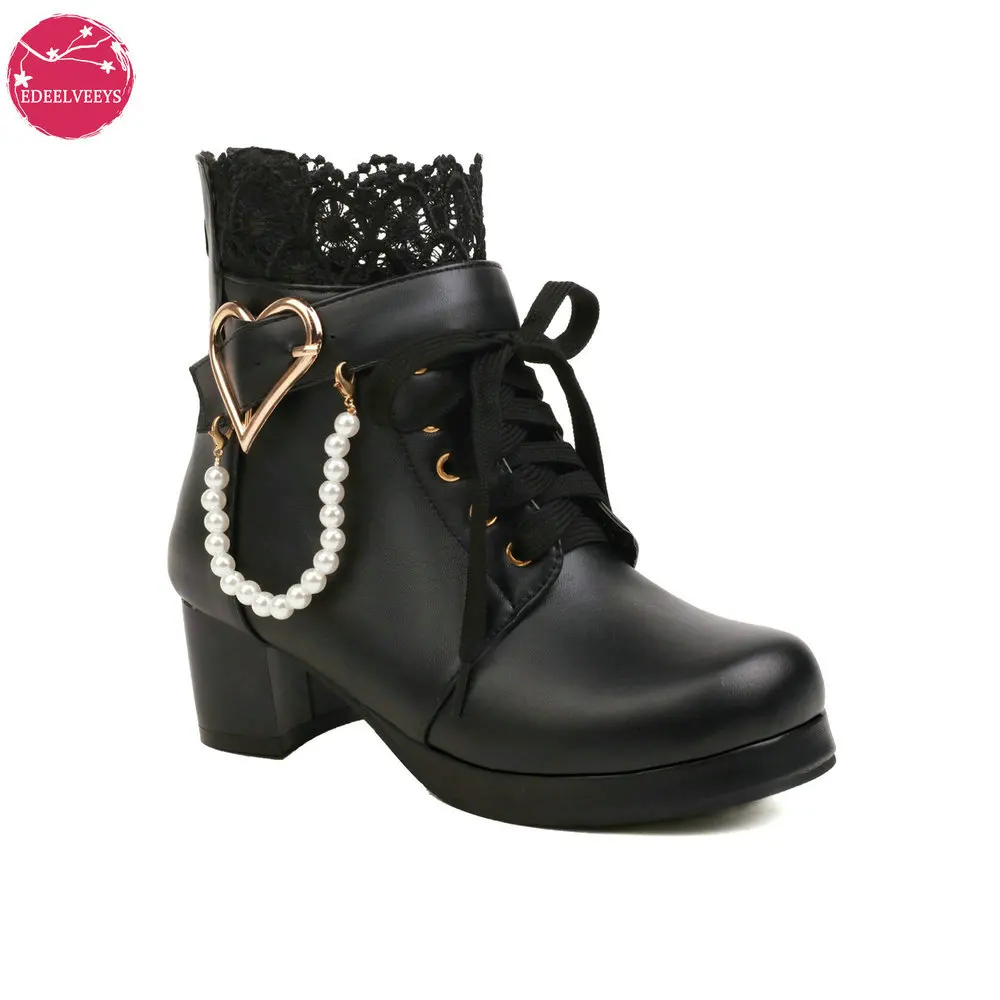 

Ankle Autumn Winter Boots For Women Platform High Heels Back Zipper Leather Lace Heart Buckle String Bead Booties Female Botas