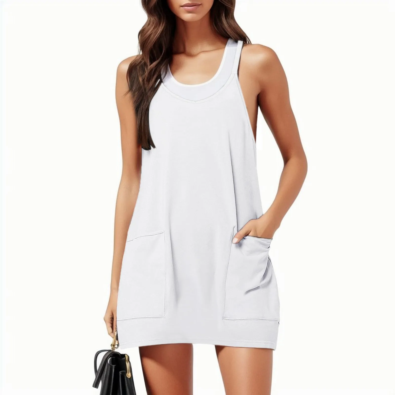 Womens Sleeveless Mini Dress With Pockets Dress Round Neck Solid Color Summer Dresses Holiday Sundresses Women Robe Femmes