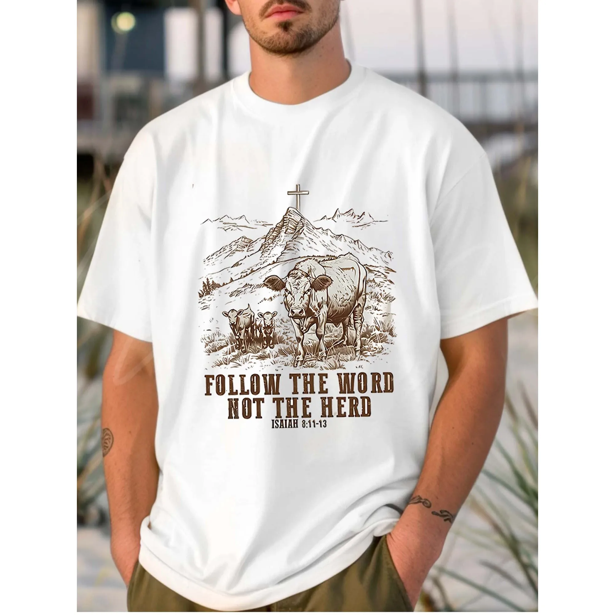 Follow The Word Not The Herd Biblical Cow Graphic Print Men's Cotton T-Shirt Casual Round Neck Tee