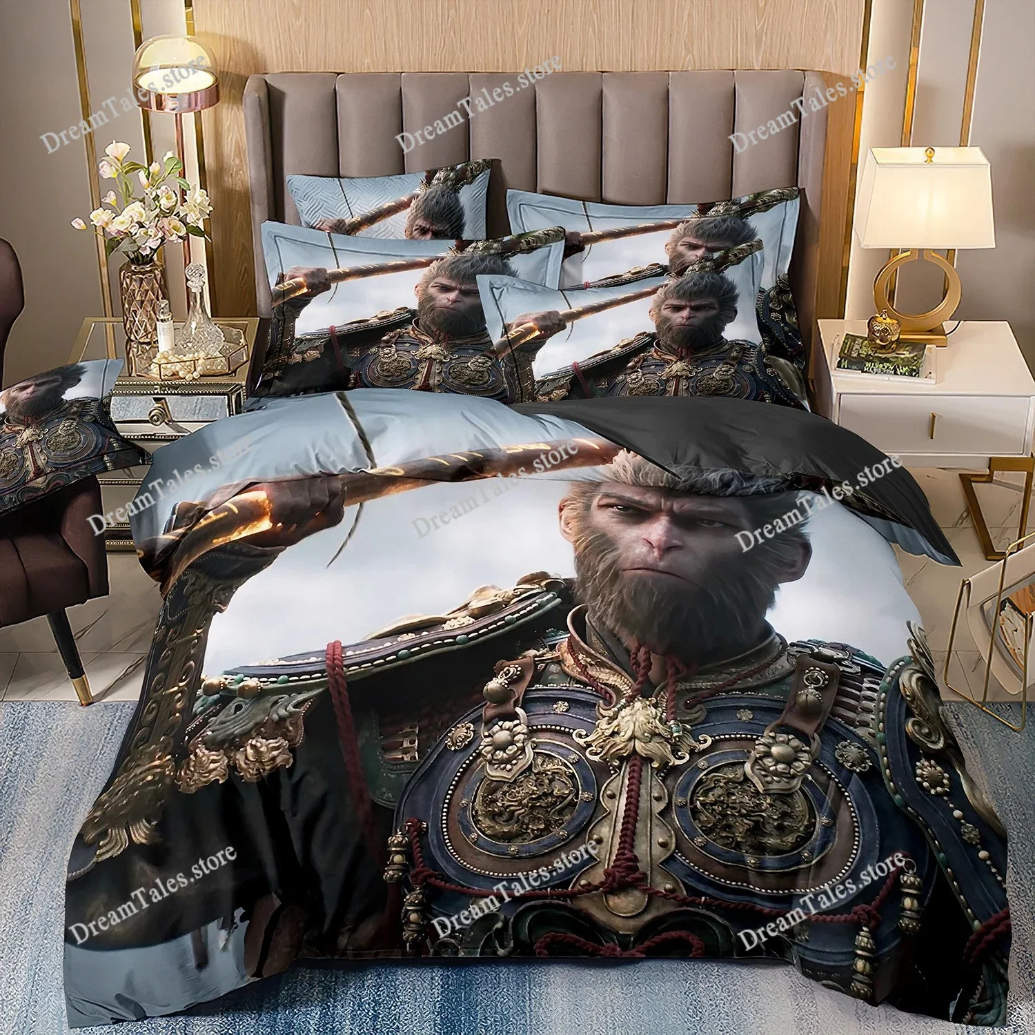 

Game Characters Goku Bedding Set,Black Myth Wukong Bedding Set,Black 3D Printing Quilt Cover Pillowcase for Children and Adults