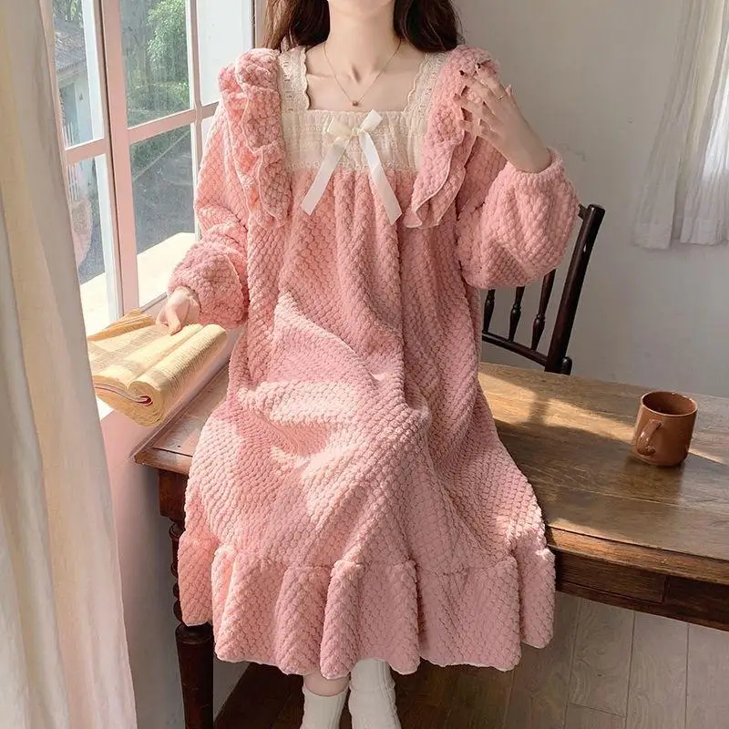 Women's New Thick Long Sleeved Jumpsuit Nightgown for Students Autumn and Winter Warm Home Clothes Princess Style Soft Nightgown