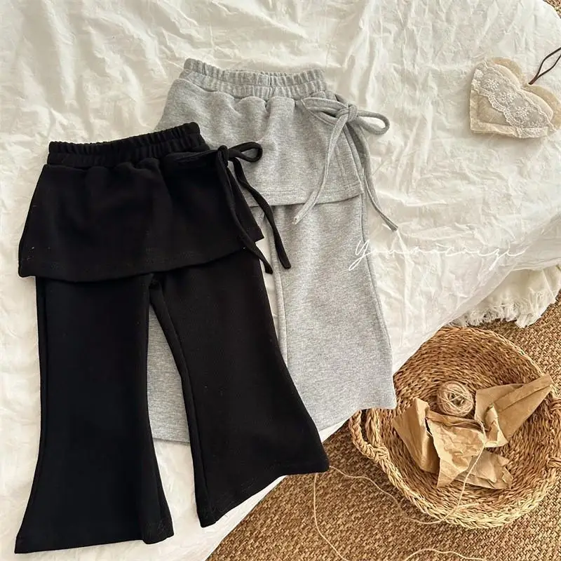 

2025 Autumn New Product Girls' Pants Casual Vacation Two Piece Bell Bottom Pant Strap Solid Color Korean Version Sweet Cute