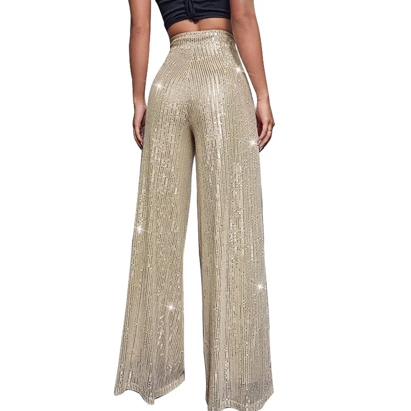 Fashion Bling Sequins Trousers Spring Clothes Women High Waist Wide Leg Pants Evening Party Club Trousers Shining Straight Pants