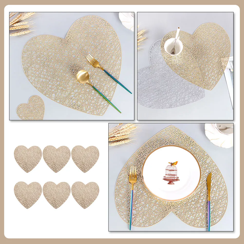 

6pcs Heart Shaped Pvc Placemats Wear-Resistant Anti-Slip Table Mats Decorative Dining Mat For Home Restaurant Use