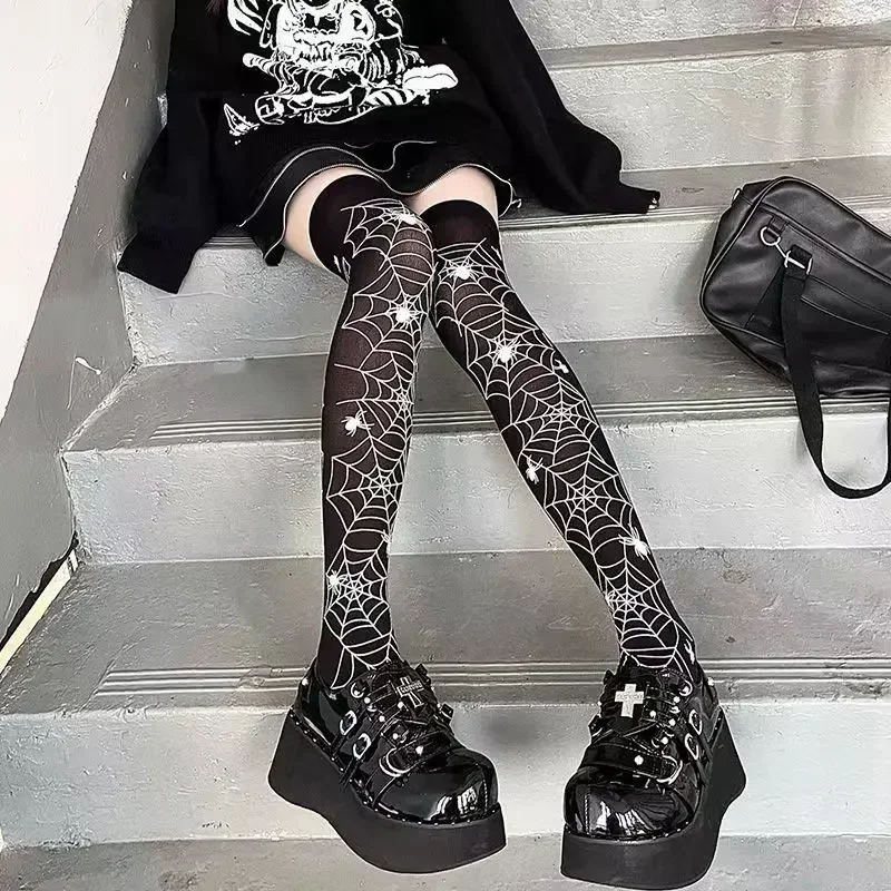 Subculture Classic Lolita Black Goth Cute Stockings Halloween Girls Gothic Punk Retro Spider Web Skull Bat Thigh High Long Socks