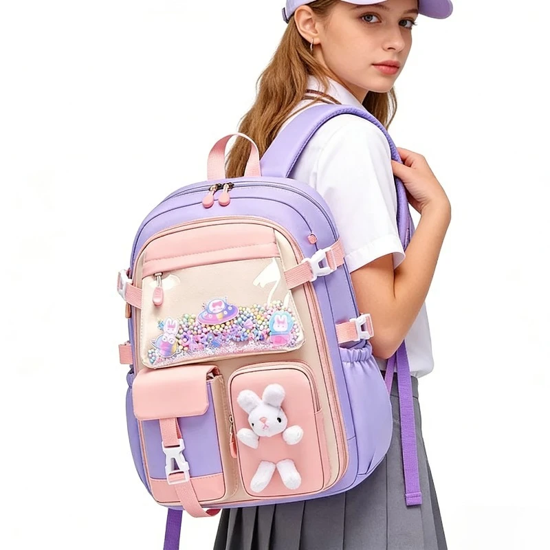 女の子用冷蔵庫型開閉式スクールバッグ、1～6年生向け人間工学に基づいたバックパック、シンプル軽量デザイン