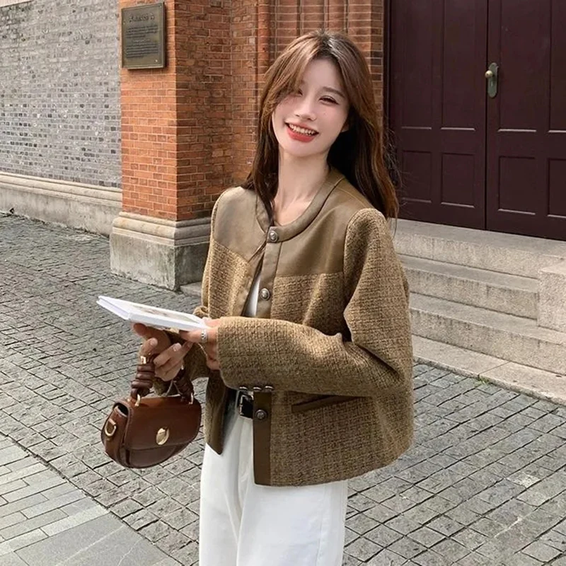 

Винтажная уличная укороченная куртка, женская осенняя повседневная куртка на пуговицах с длинным рукавом и круглым вырезом, новая лоскутная свободная верхняя одежда в стиле Харадзюку в стиле ретро