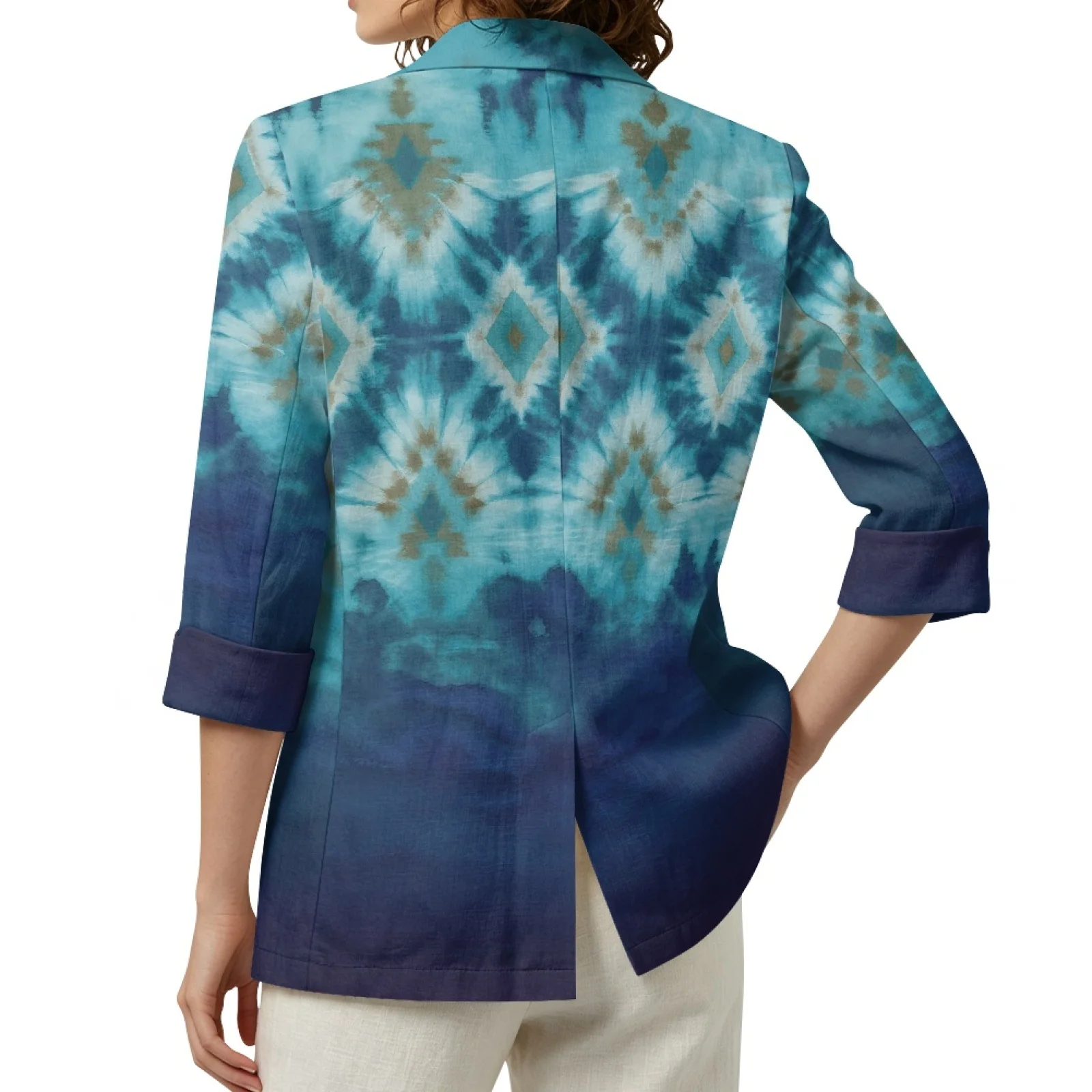 PENSTROLL Blue Tie Dye Pattern Linen Style Outerwear Daily Shrug for Female Casual Beach Cardigan