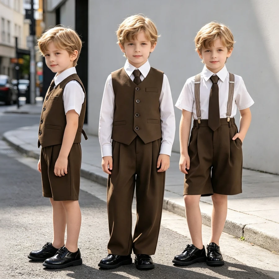Kids Boys Brown Vest Suit with Tie and Suspenders Formal Party Outfit 3 Piece Set Childrens Wedding Ring Bearer Clothes 2-13 Y