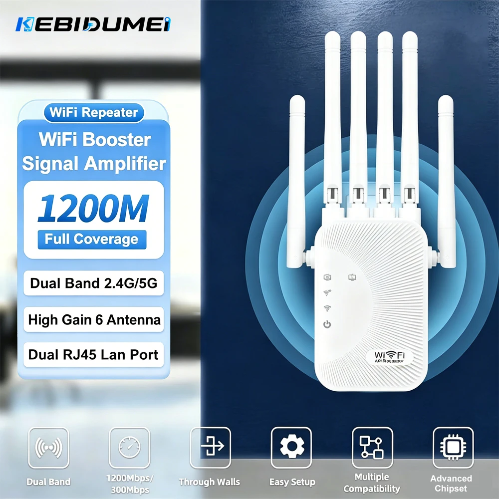 KEBIDUMEI 1200/300Mbps Wifi Repeater Amplifier 2.4G/5G Network Expander Range Extender Wi-Fi Signal Booster Wireless WiFi Router