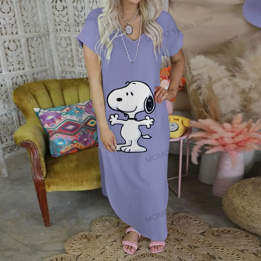 Snoopy  Long Dresses V-neck Robe Women's Clothes Kawaii 2024 Fashion Elegant Gowns Streetwear Summer Woman Dress S-2XL Lovely