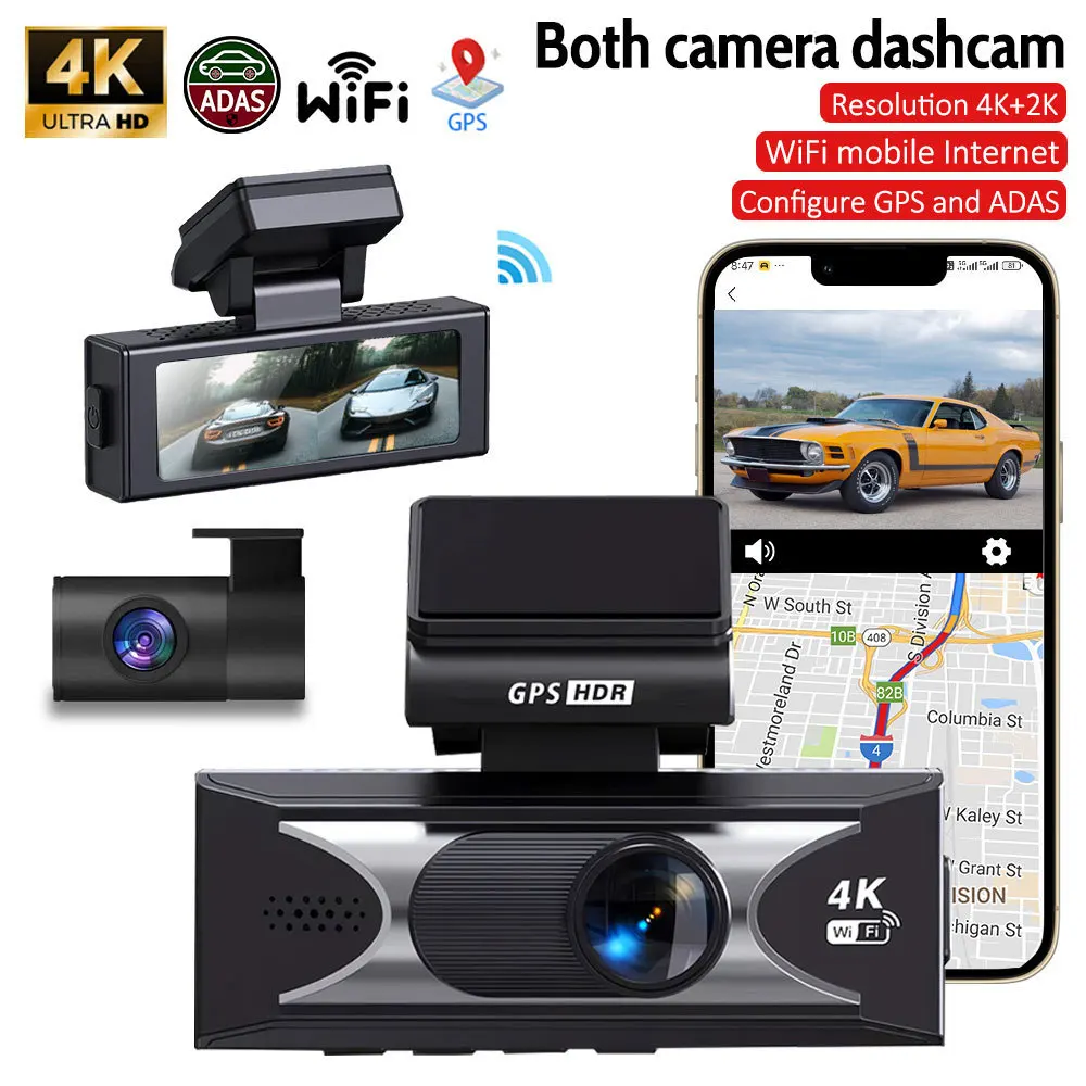 HD 4K+1k Dash Cam Front Rear Dual Lens AI Driver Assistance ADAS GPS WiFi Wide Angle Night Vision Car DVR Recording Camera