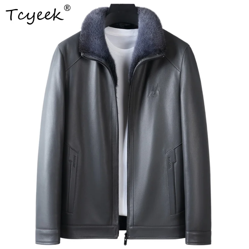 

Tcyeek Goatskin Autumn Winter Trendy Lapel Mink Inner Liner Solid Color Men Genuine Leather Jacket Jaqueta De Couro Masculina
