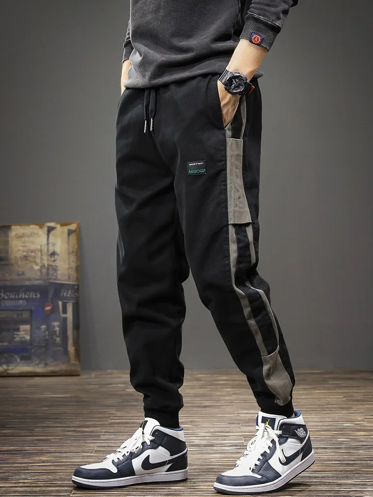 Autumn Fashion Side Stripe Sports Pants Men Black Baggy Casual Cotton Elastic Waist Drawstring Jogging Trousers