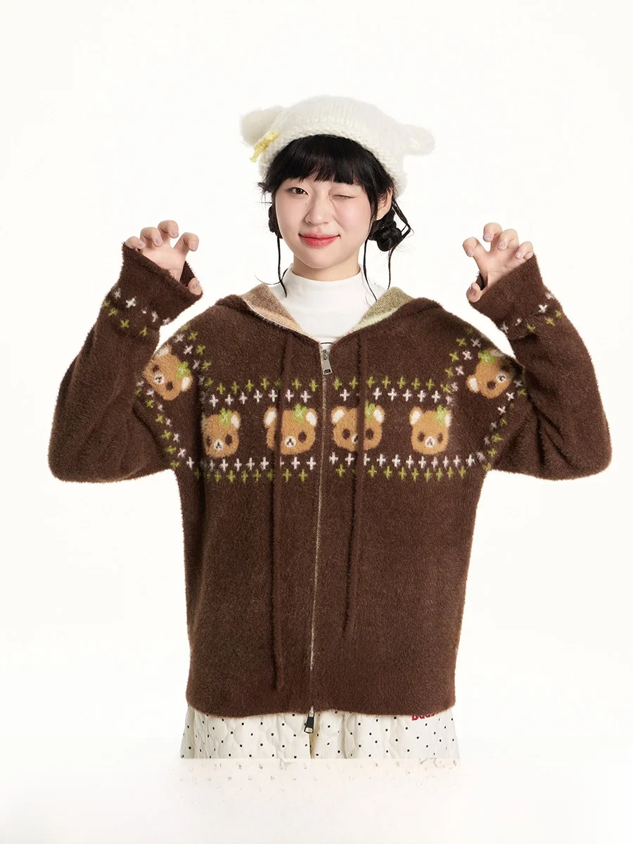 

Cute Bear Embroidery Luy Bear Faux Fur Sweater Vintage Sle Outerwear Knitted Long Sve Zipper Closure ort Coat for Women