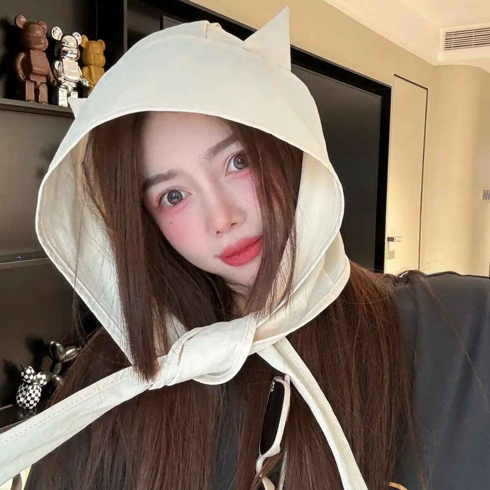 Simple Korean Style Little Devil Horn Headscarf Quick-drying Solid Color Strap Hat Sunscreen Hat Sun Cap Beanie Cap Girl