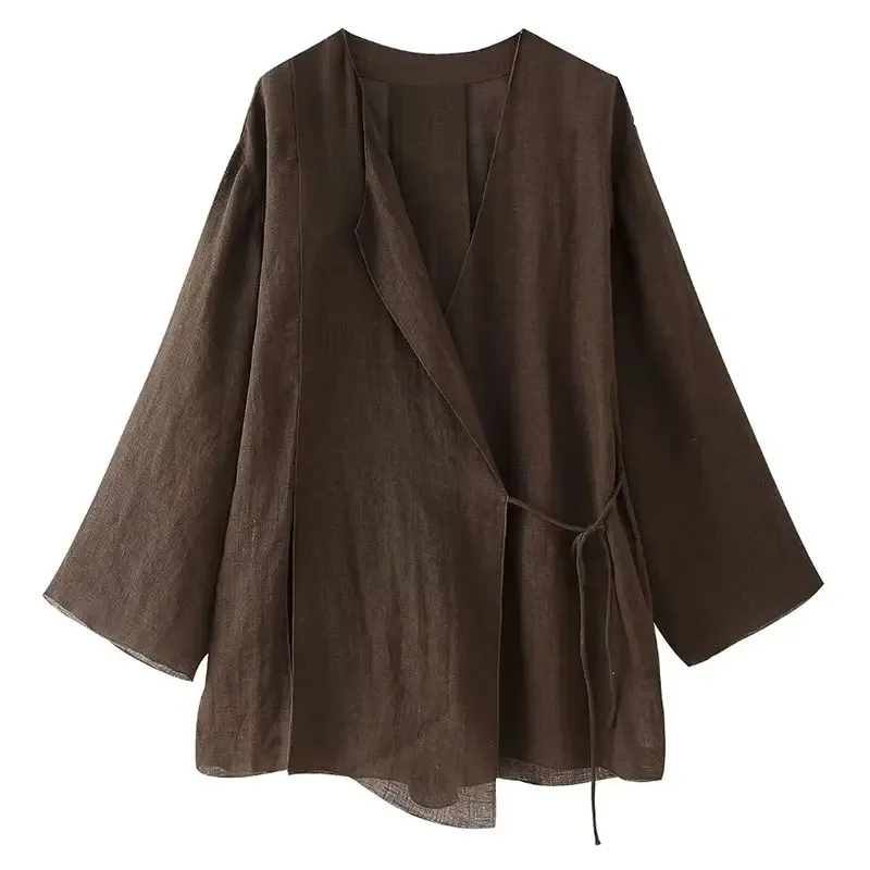 بلوزة كيمونو نسائية بحزام وبنطال عالي الخصر بطيات ، طقم قميص كتان ، بلون ثابت ، موضة صيفية ، كارديجون 2: