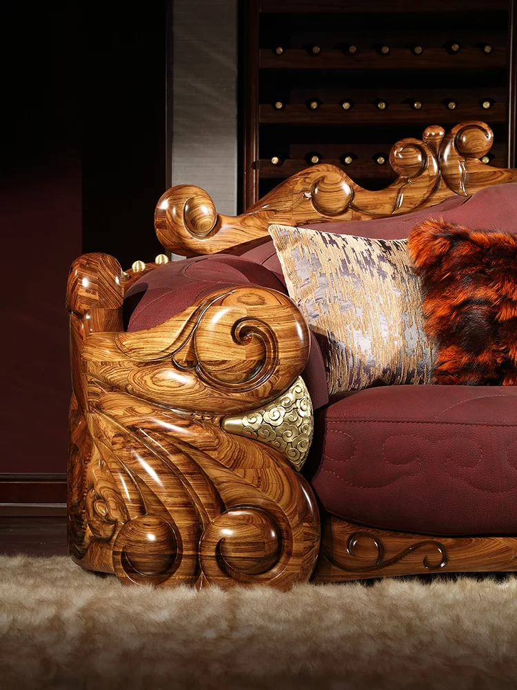 ヨーロッパの革張りの無垢材ソファ組み合わせヴィラ大型アパートハイエンド高級黒檀木彫りの花家具K3