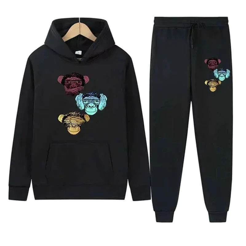 

2025 Spring Autumn Men Blue Casual 2PC Sets Sweatshirts Street Fashion Ape avatar Printed Sports Suit Hoodie Tops Slim pants Dai