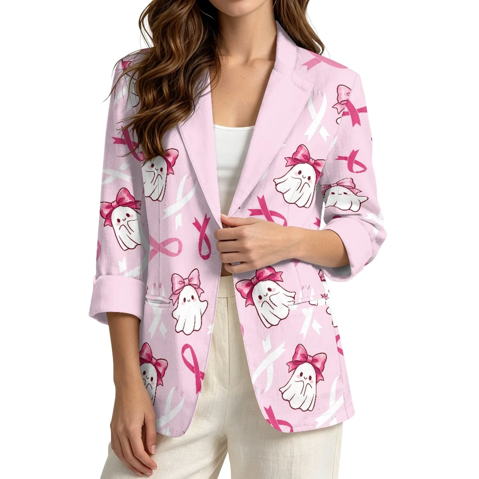 PENSTROLL Pink Ghost Awareness Open Front Cardigan Linen Style Casual Cover up Sizes S-3XL for Vacation and Daily Wear