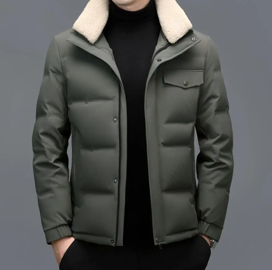 Winter New Men's Thick Down Jacket Short Collar Detachable White Duck Down Warm Casual Business Jacket Youth Handsome Coat