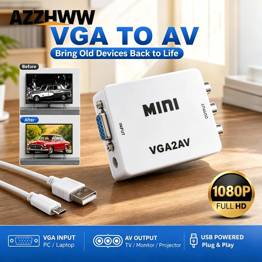 VGA to AV Converter Adapter 1080P VGA to RCA Composite Video Audio Adapter for PC/Laptop/DVD/Projector to Old TV/Monitor/Display
