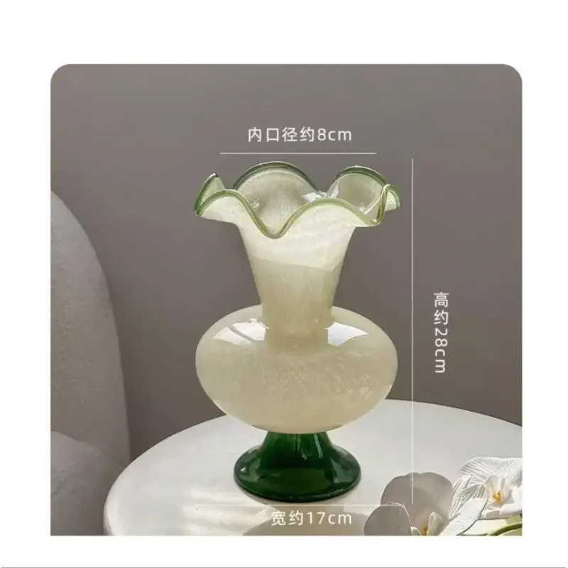 Green Fenton Medieval Glass Vase Ornament ins Wind, Wave Lace Vase Flower Arrangement Premium Ornament