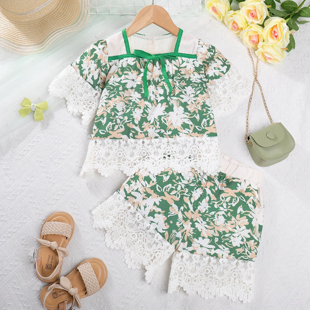 2023 New Child Clothes Sets Short Sleeve Print Floral Lace T-shirt Green Shorts 2 Piece Sets Designer Girls Clothes Set 3-7T