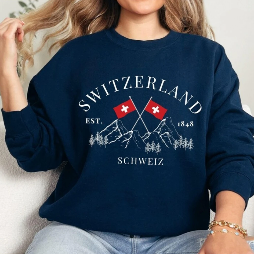 เสื้อสเวตเตอร์สวิสเซอร์แลนด์ เสื้อสวมหัวคอกลมธงชาติสวิส เสื้อสวมหัวไม่จำกัดเพศของขวัญสวิส