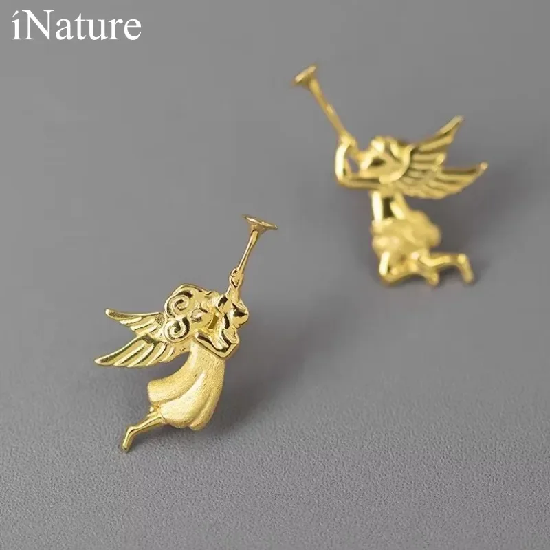 

INATURE 925 Sterling Silver Handmade Fine Jewelry 18K Gold Trumpet Angels Stud Earrings For Women Gift