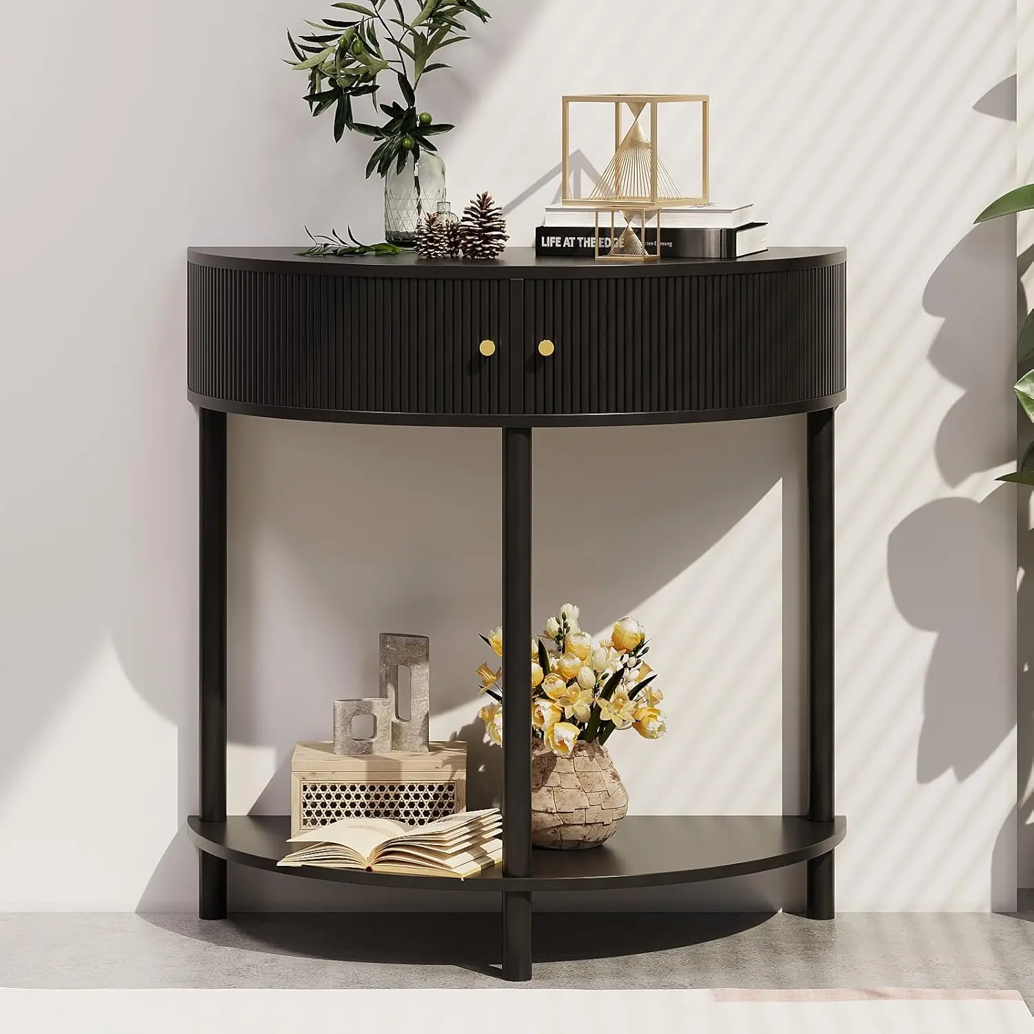 

Half Moon Console Table 2 Tier Narrow Entryway Table with Storage for Small Space Modern Wood Sofa Table with Doors and G
