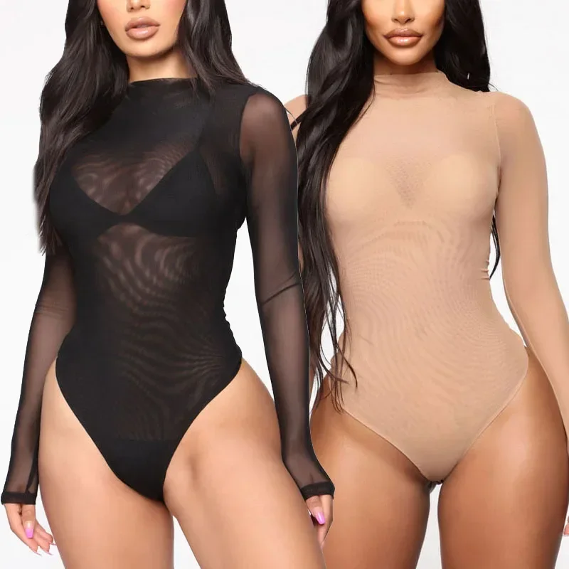 Bodysuit elástico transparente sexy para mulheres, lingerie underwear, corte alto, bodycon magro, manga longa, macacões transparentes para senhoras