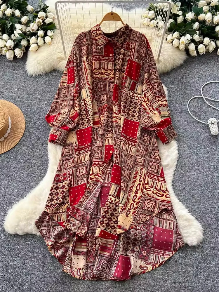 2026 جديد الخريف المرأة موضة ترتيب الأسرة طوق فستان بكم طويل فضفاض عادية واحدة الصدر قميص مطبوع فستان #5