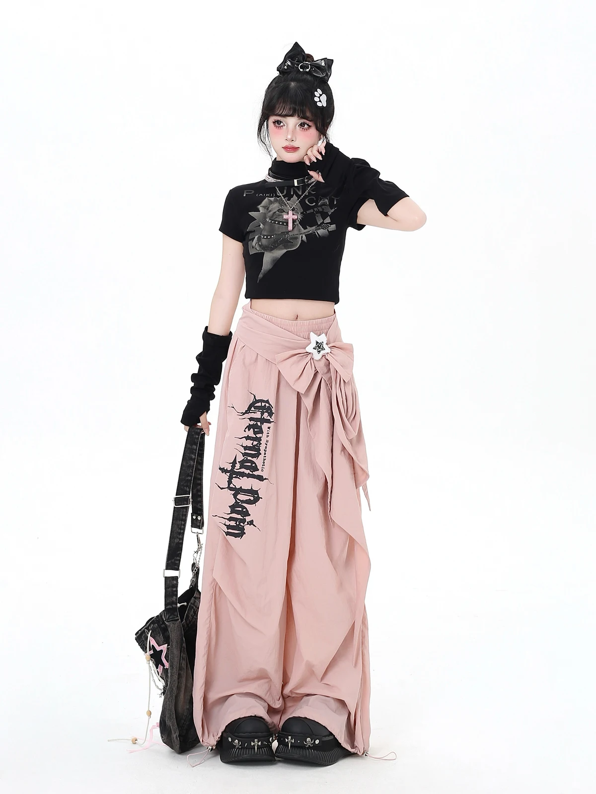Original Fashion Streetwear Subculture Sweet Cool Girl Cargo Pants Elastic High Waist Bow Loose Wide Leg Long Sweatpants Women