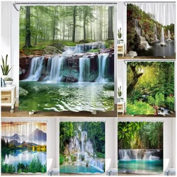 Scenic Forest Waterfall Shower Curtain Tropical Jungle Plants Trees Lake Nature Landscape Wall Hanging Bathroom Decor Curtains