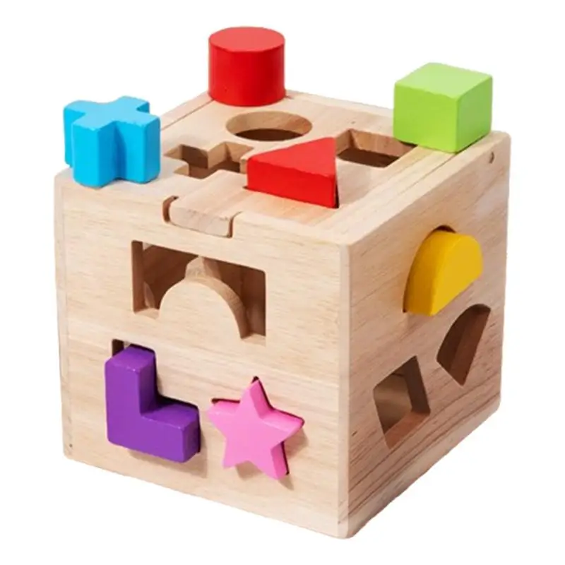 Shape Wooden Puzzle Toys Wooden Sorter Toy Shape Blocks Sorting Cube Fine Motor Classic Educational Toy Puzzle Games With 13