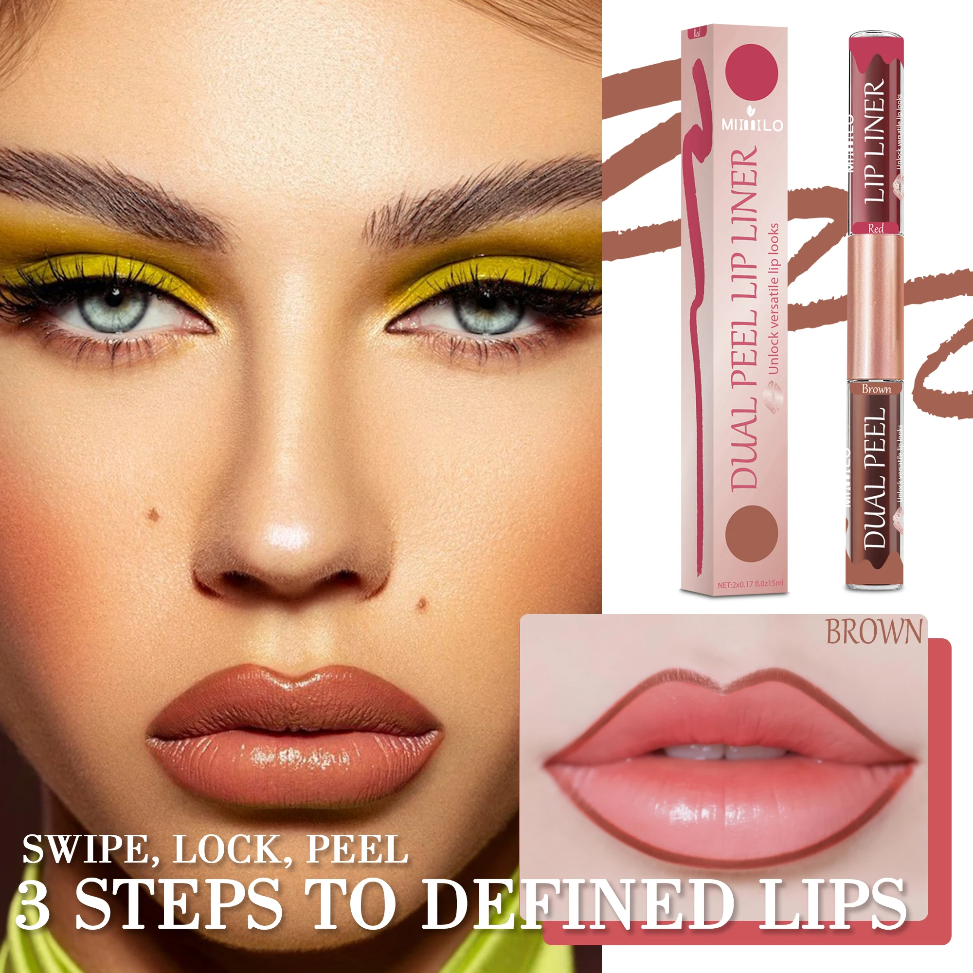 Revestimiento de labios bicolore/deselpe-off. Brillo de labios. Impermeable y duradero. Marrón/rojo desbloquea un maquillaje de labios versátil