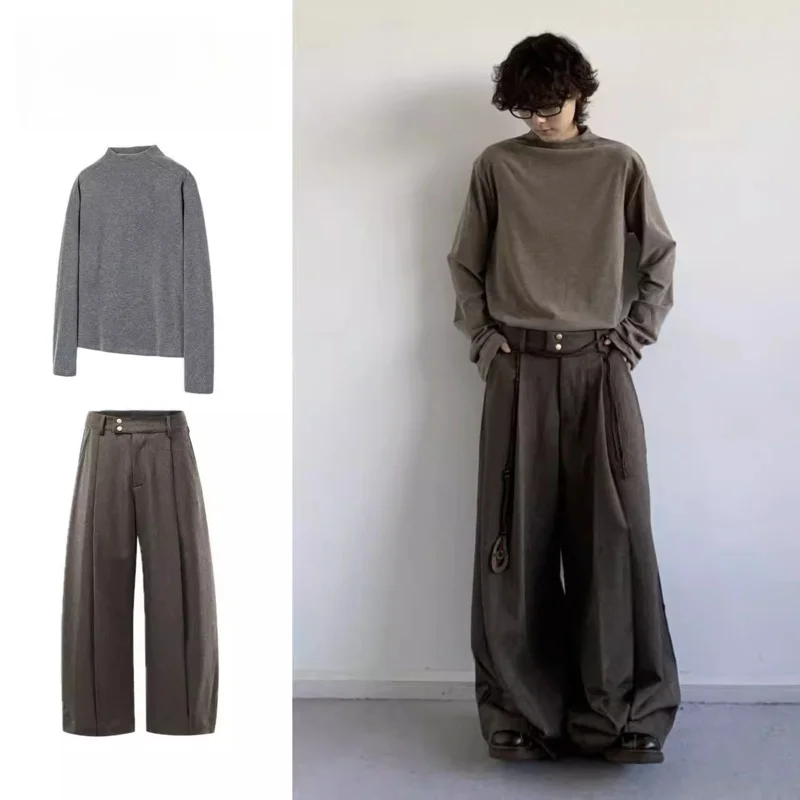 Conjunto Retro Japonés de Dos Piezas para Hombre: Camisa Holgada de Manga Larga y Pantalones Marrones de Estilo Occidental, Color Puro